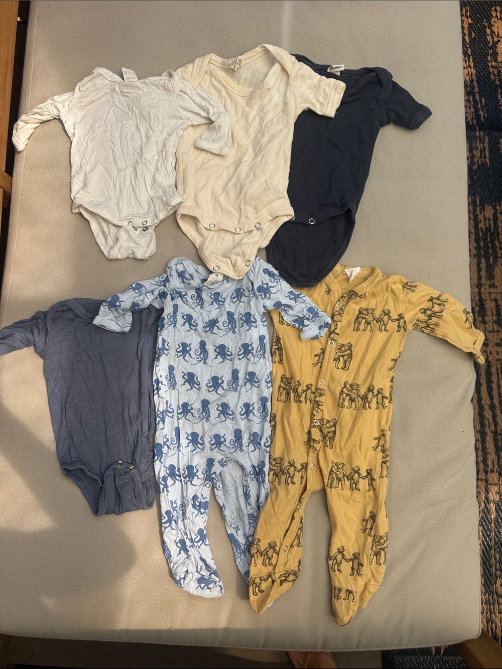 kate quinn cream, white, navy, blue, mustard kids one-pieces and sleepers